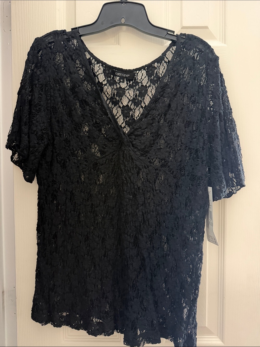 Karen Kane Black Lace Twist-Front V-Neck Top
